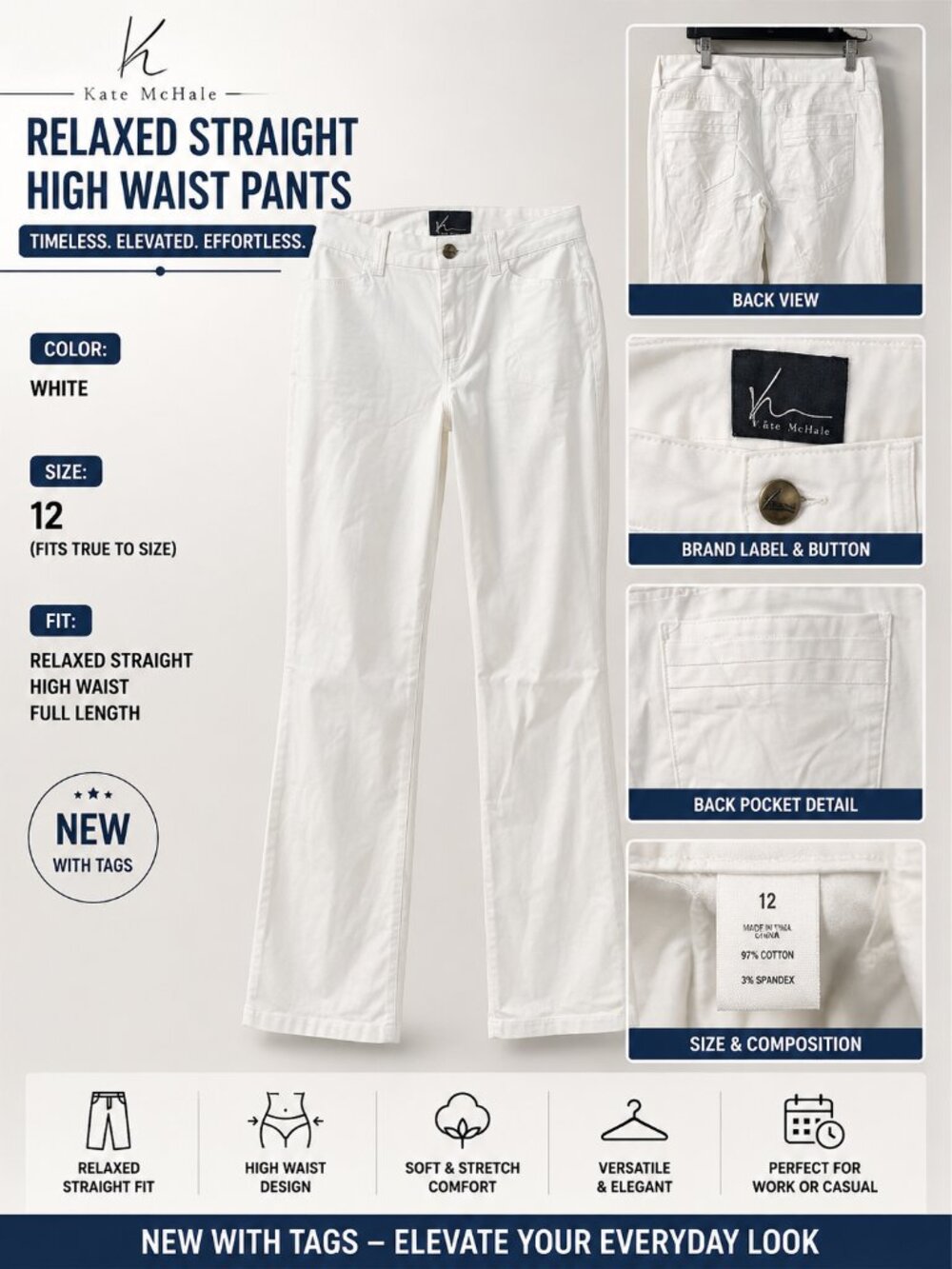 NWT Kate McHale White Dress Pants Women's High Waist Trousers